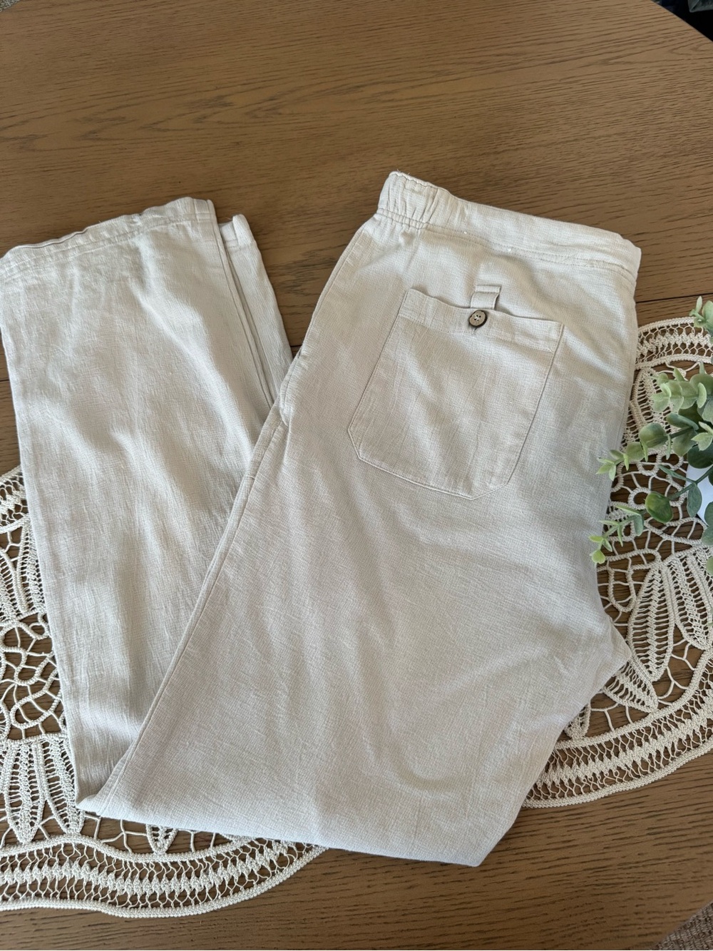 Bohio 100% Cotton Drawstring Wide Leg Pants Natural Beige Size L Coastal Boho